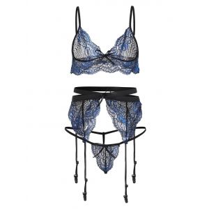 

Floral Lace Bowknot Gartered Bra Set, Deep blue