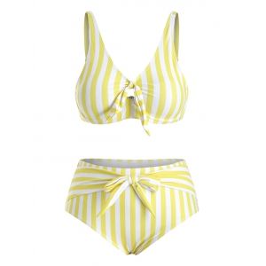 

Plus Size Stripe Pattern Tie Front Bikini Swimsuit, Yellow