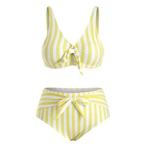 

Plus Size Stripe Pattern Tie Front Bikini Swimsuit, White