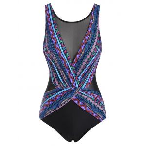 

Ethnic Mesh Insert Colorful Geometric Surplice One-piece Swimsuit, Multi