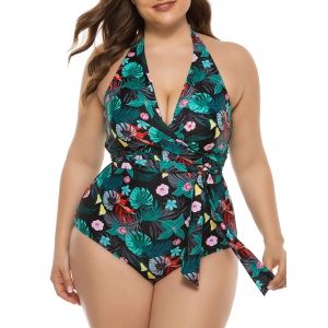 

Tied Waist Floral Palm Leaves Plus Size One-piece Swimsuit, Multi