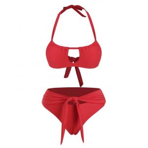 

Halter Cutout Front Tie Bikini Swimwear, Red