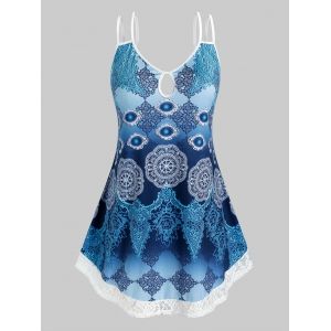 

Plus Size Keyhole Double Strap Lace Hem Printed Cami Top, Blue