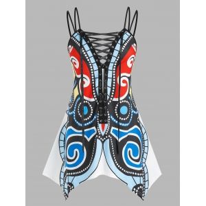 

Plus Size Handkerchief Lace Up Butterfly Printed Tank Top, Multi