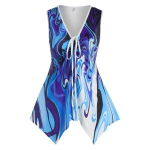 

Plus Size Handkerchief Cinched Liquid Tripp Tank Top, Blue