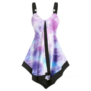 

Plus Size Tie Dye O-ring Backless Flyaway Tunic Tank Top, Purple