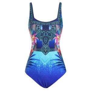 

Square Neck Bohemian Flower Backless One-piece Swimsuit, Blue