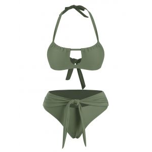 

Halter Cutout Front Tie Bikini Swimwear, Light green