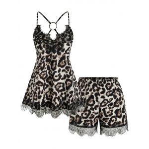 

Plus Size O Ring Lace Insert Leopard Print Shorts Pajamas Set, Black