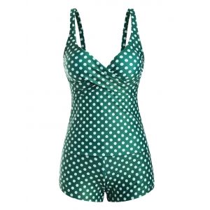

Polka Dot Cross Front Pocket Plunge Boyleg Tankini Swimwear, Deep green