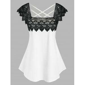 

Plus Size Square Neck Lace Insert Tank Top, White