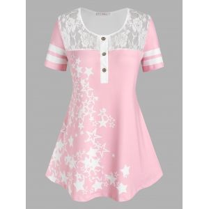 

Plus Size Stars Print Lace Insert Henley Tee, Light pink