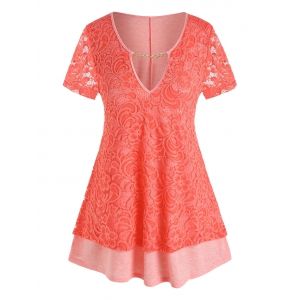 

Plus Size Lace Chain Keyhole Cutout Tunic Tee, Light pink