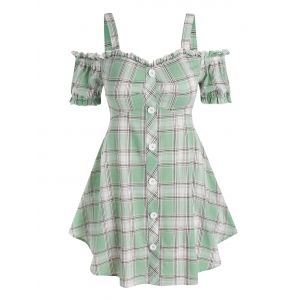 

Plus Size Plaid Cold Shoulder Puff Sleeve Blouse, Light green