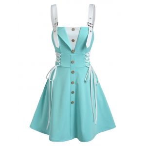 

Mock Button Buckle Strap Lace-up Twofer Dress, Light blue