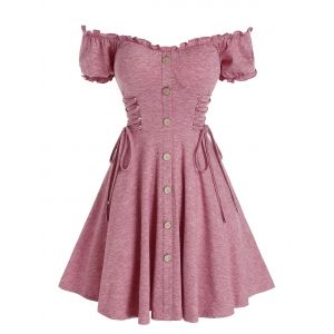 

Off The Shoulder Mock Button Lace-up Dress, Light pink