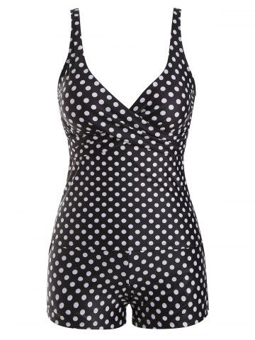 Polka Dot Cross Front Pocket Plunge Boyleg Tankini Swimwear - BLACK - S