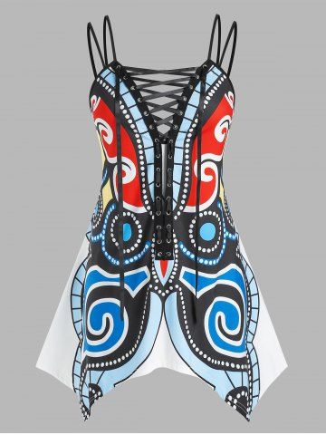 Plus Size Handkerchief Lace Up Butterfly Printed Tank Top - MULTI - 1X