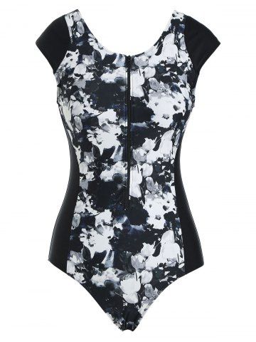 Zip Front Painting Floral One-piece Swimsuit - MULTI - M