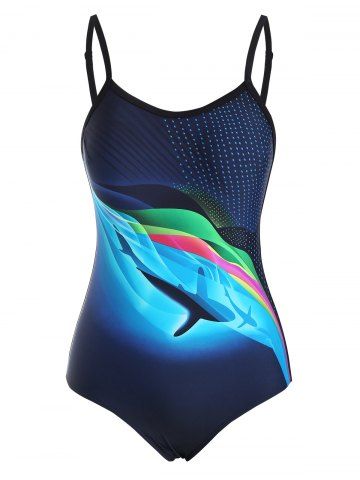 Backless Dolphin Wave Print One-piece Swimsuit - BLUE - L