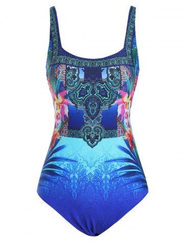 Square Neck Bohemian Flower Backless One-piece Swimsuit - BLUE - L
