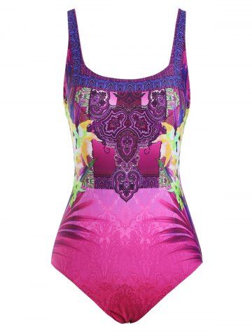 Square Neck Bohemian Flower Backless One-piece Swimsuit - LIGHT PINK - M