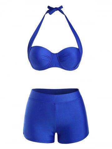 Halter Tie Boily Push Up Bikini Swimweet - BLUE - XL