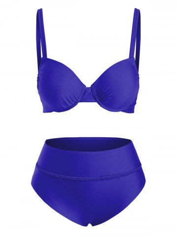 Braidy Dual Strap Push Up Bikini Swimwear - BLUE - S