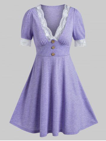 Half Sleeve Plunge Neck Lace Trim Heathered Dress - PURPLE - XL