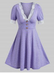 Half Sleeve Plunge Neck Lace Trim Heathered Dress -  