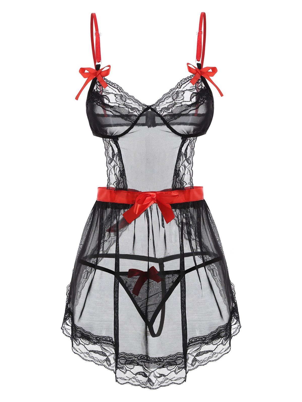 

Lace and Mesh Bowknot Contrast Ribbons Babydoll Set, Black