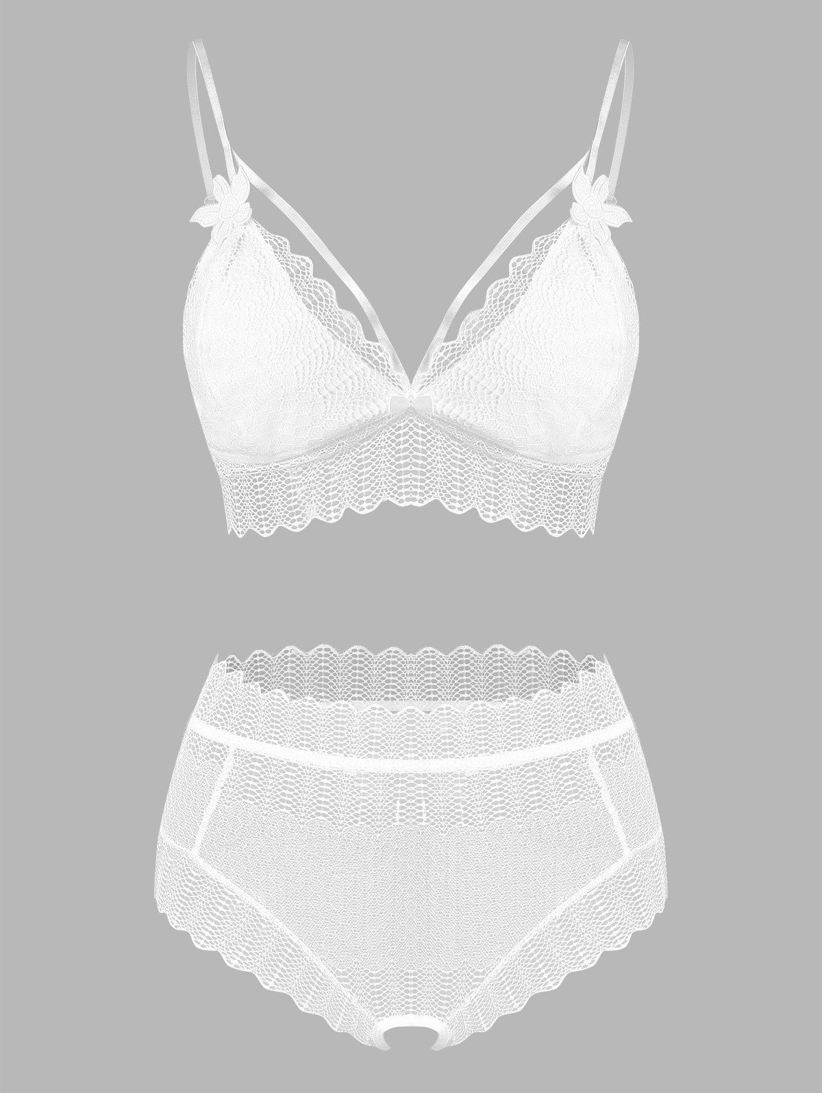

Lace-up Applique Lace Open Crotch Bra Set, White