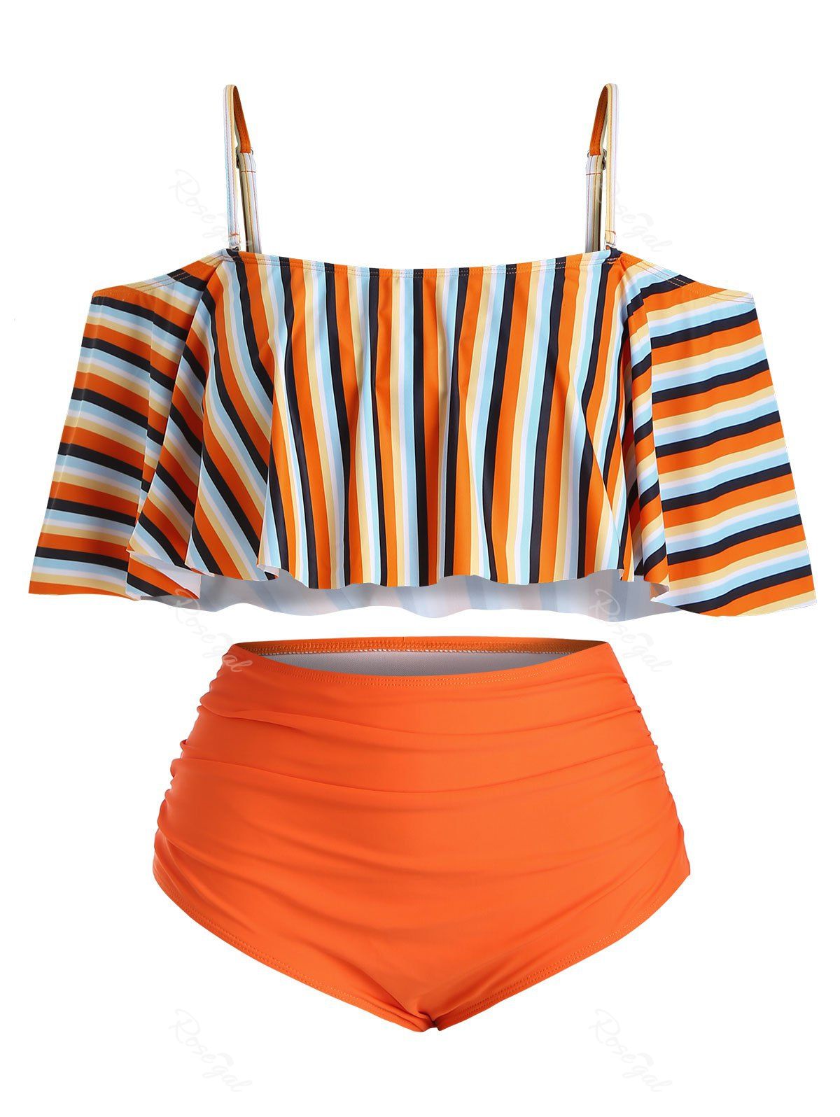 

Plus Size Striped Ruffled Cold Shoulder Tankini Swimsuit, Orange