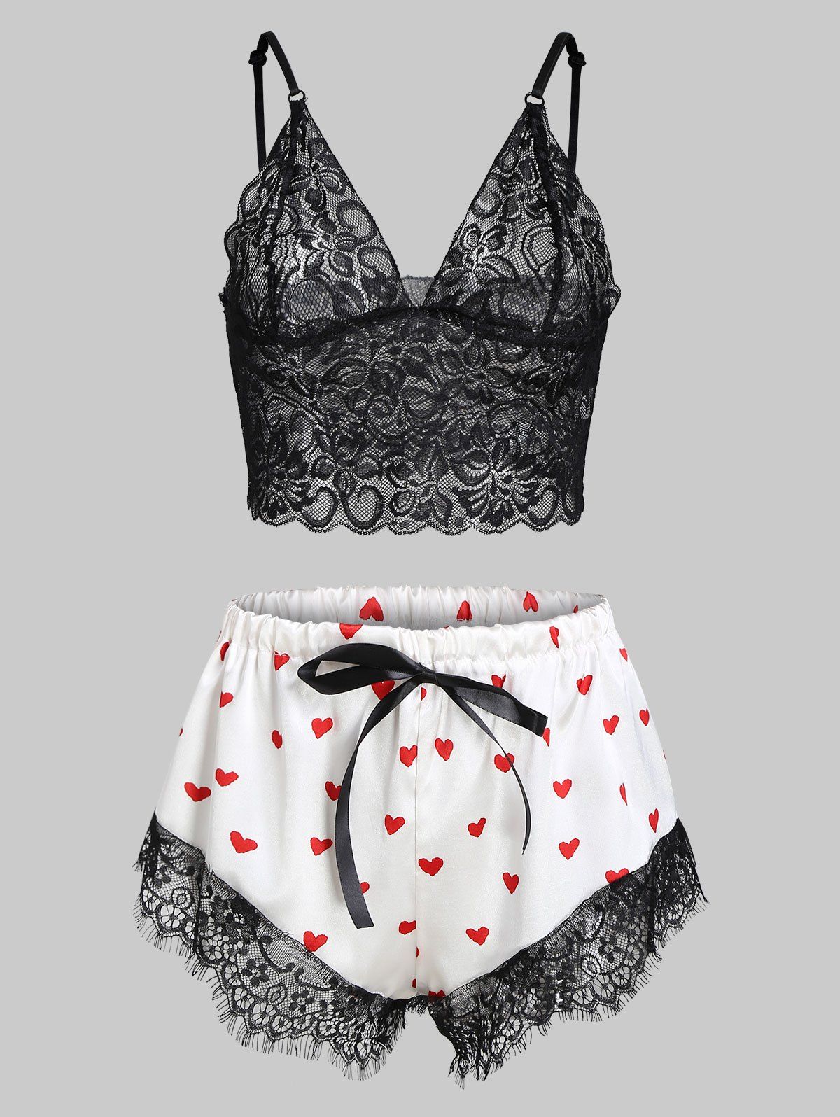 

Lace and Satin Heart Print Bowknot Pajamas, Black