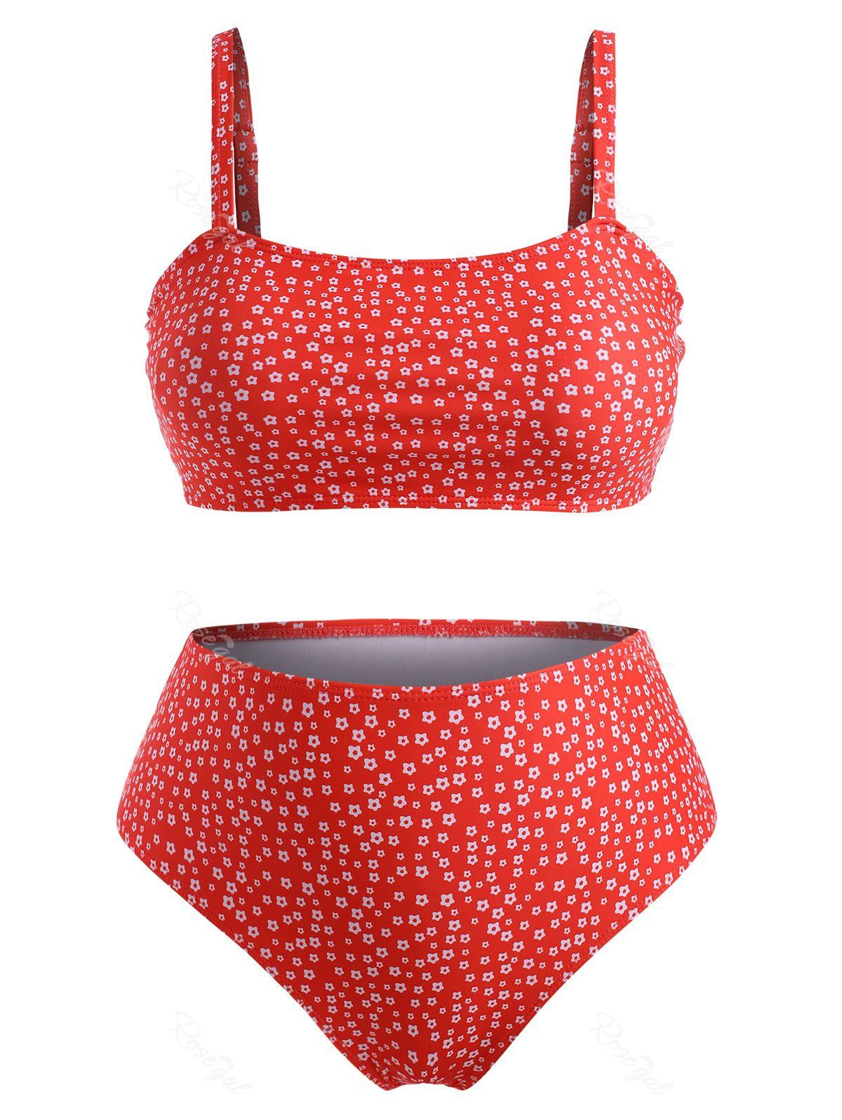 

Plus Size Ditsy Print High Waisted Tank Bikini Swimwear, Red