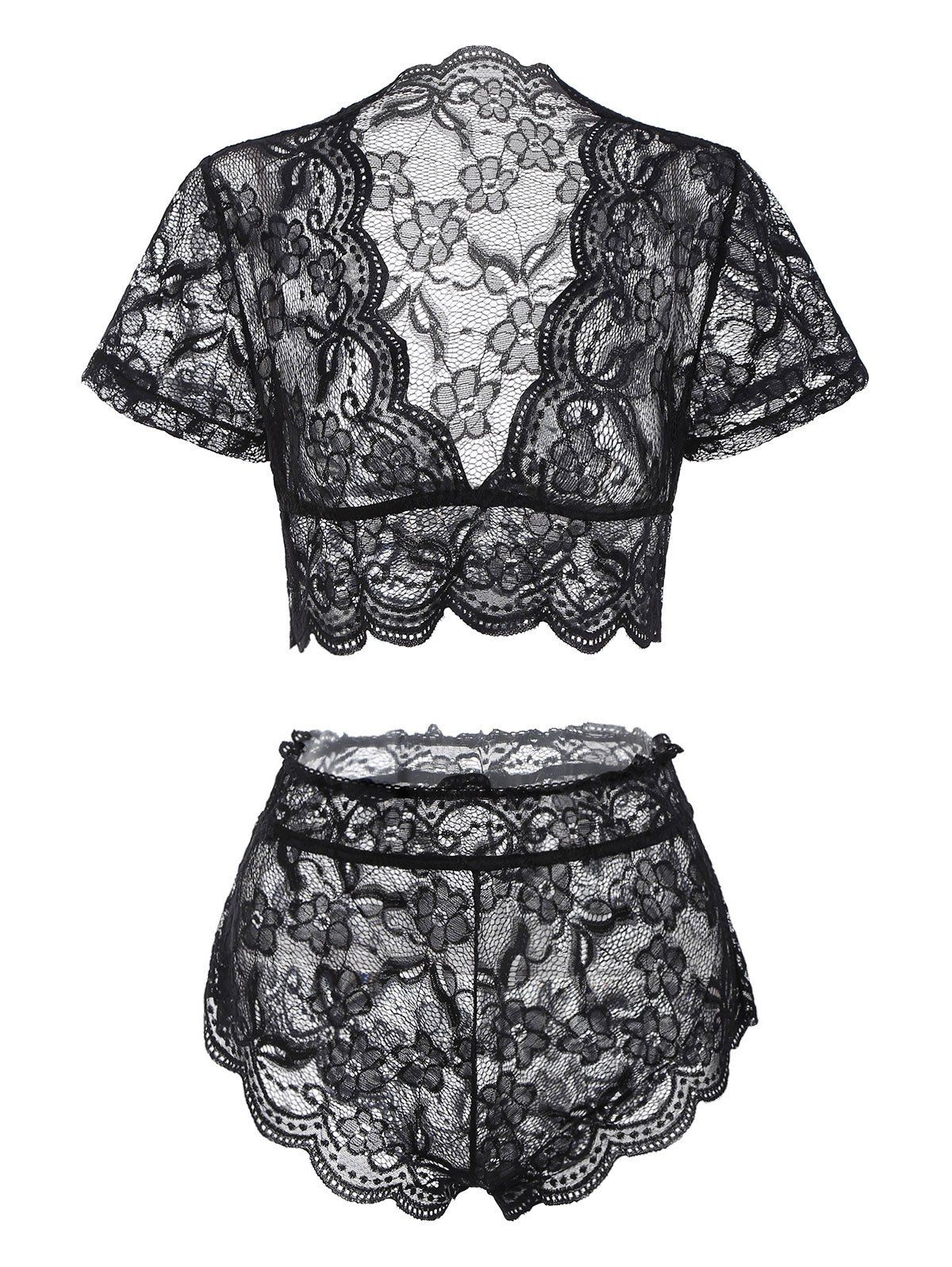 

Floral Lace Scalloped Lingerie Set, Black