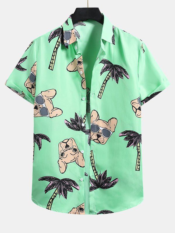 

Palm Tree Dog Pattern Button Up Shirt, Mint green