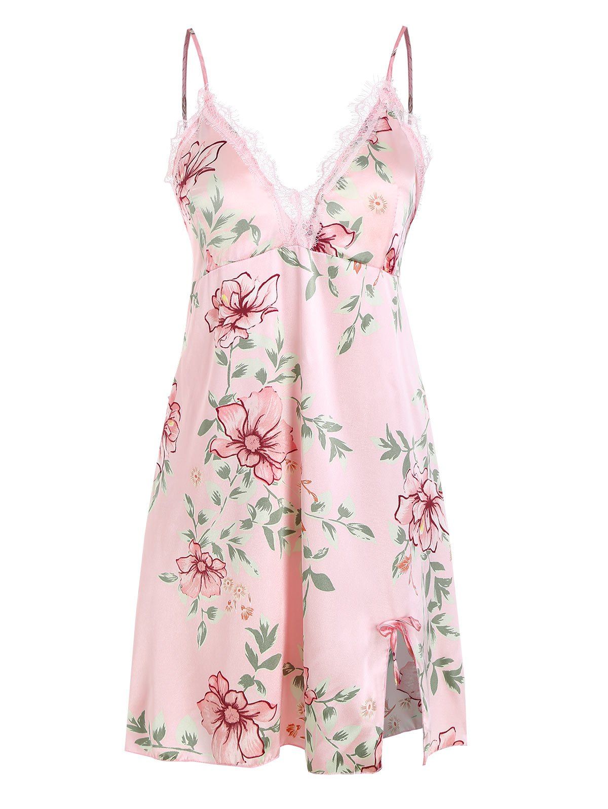 

Floral Lace Trim Satin Night Dress, Light pink