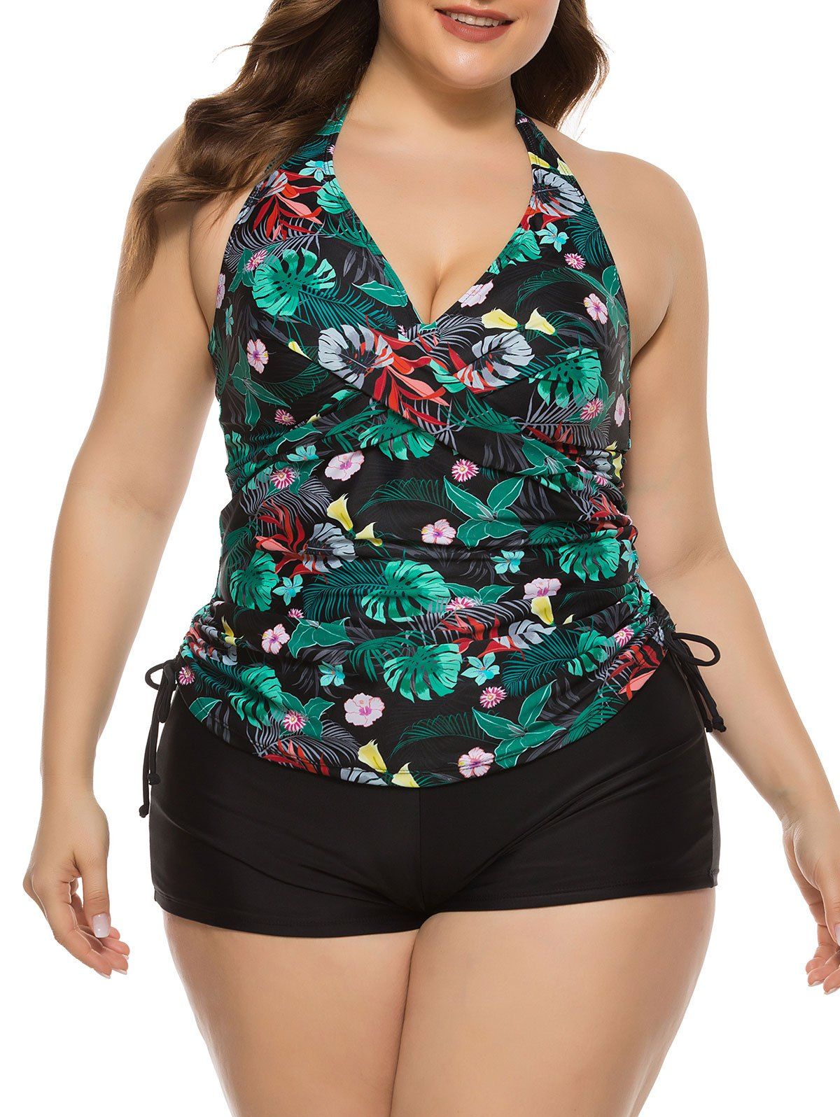 

Cinched Side Floral Palm Leaves Plus Size Tankini Swimwear, Multi