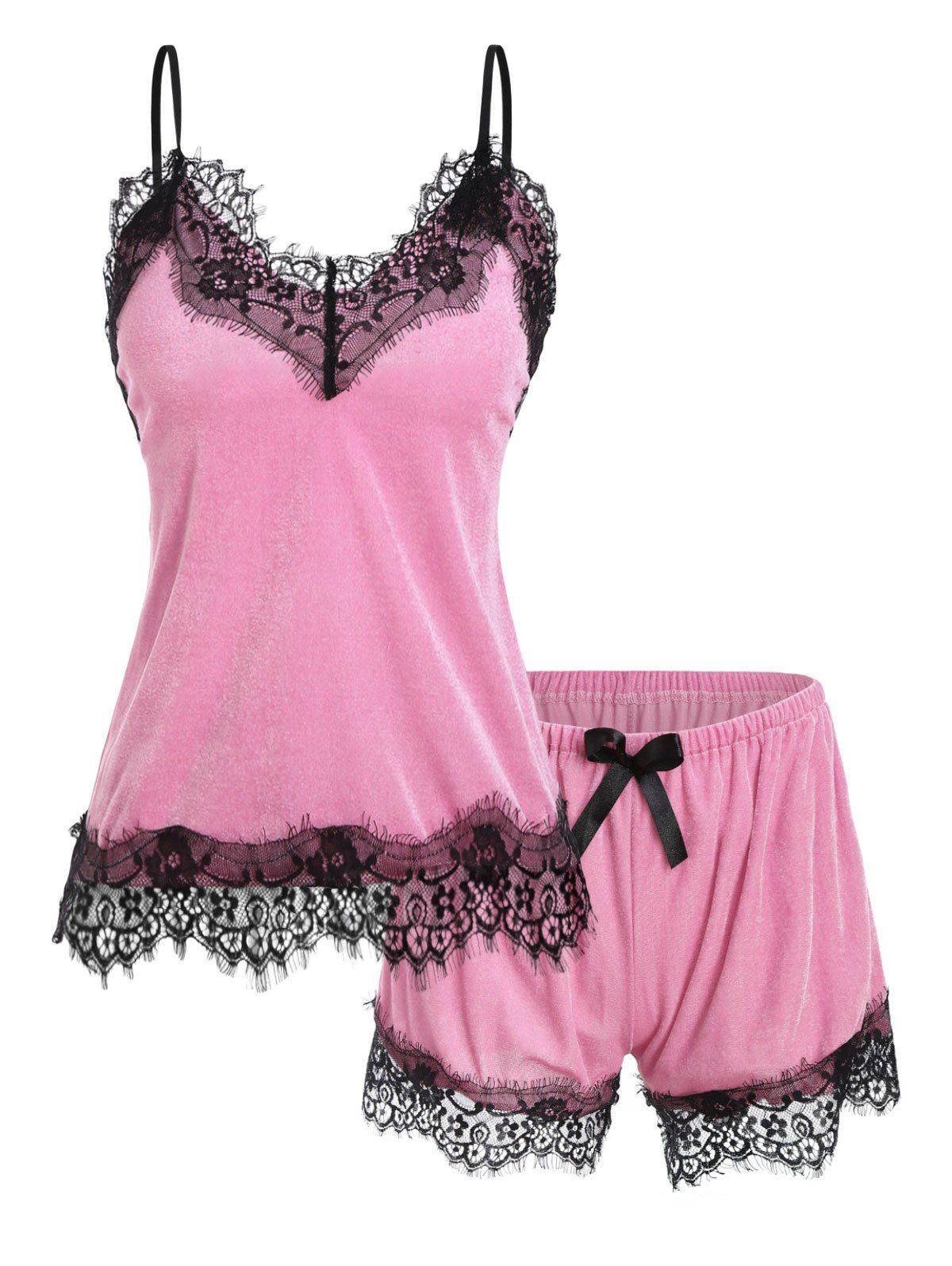 

Lace Trim Velour Bowknot Pajama Set, Light pink