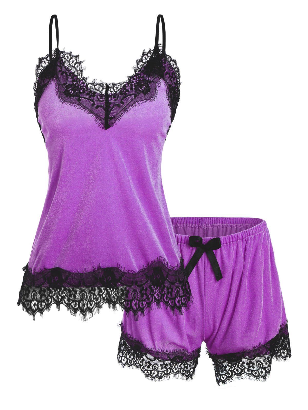 

Lace Trim Velour Bowknot Pajama Set, Purple