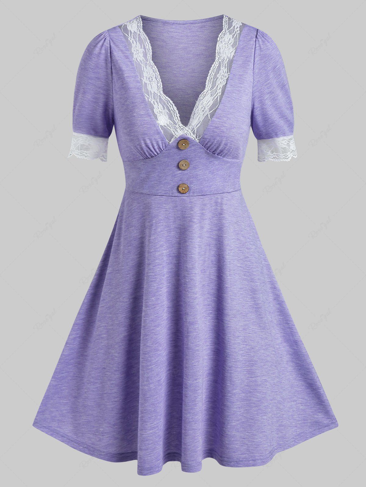 Discount Half Sleeve Plunge Neck Lace Trim Heathered Dress  