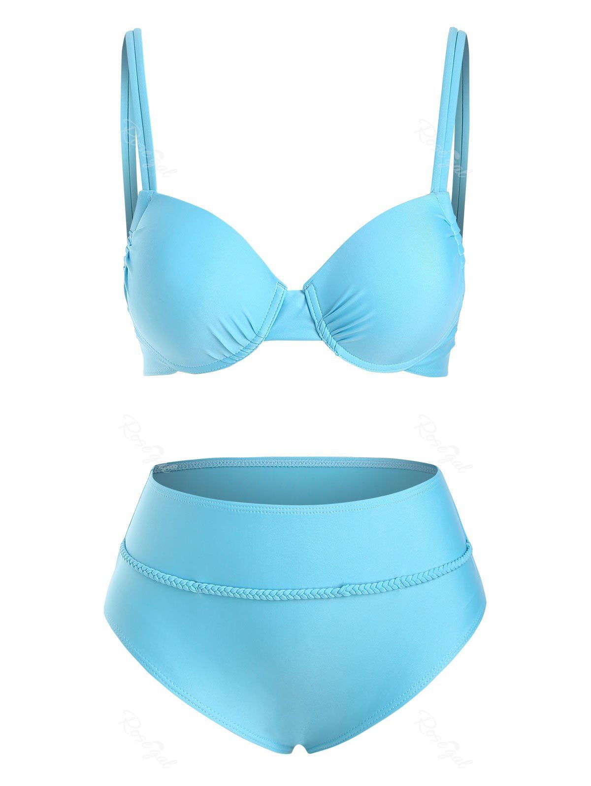 Maillot de Bain Bikini Tressé à Double Bretelle Bleu clair L