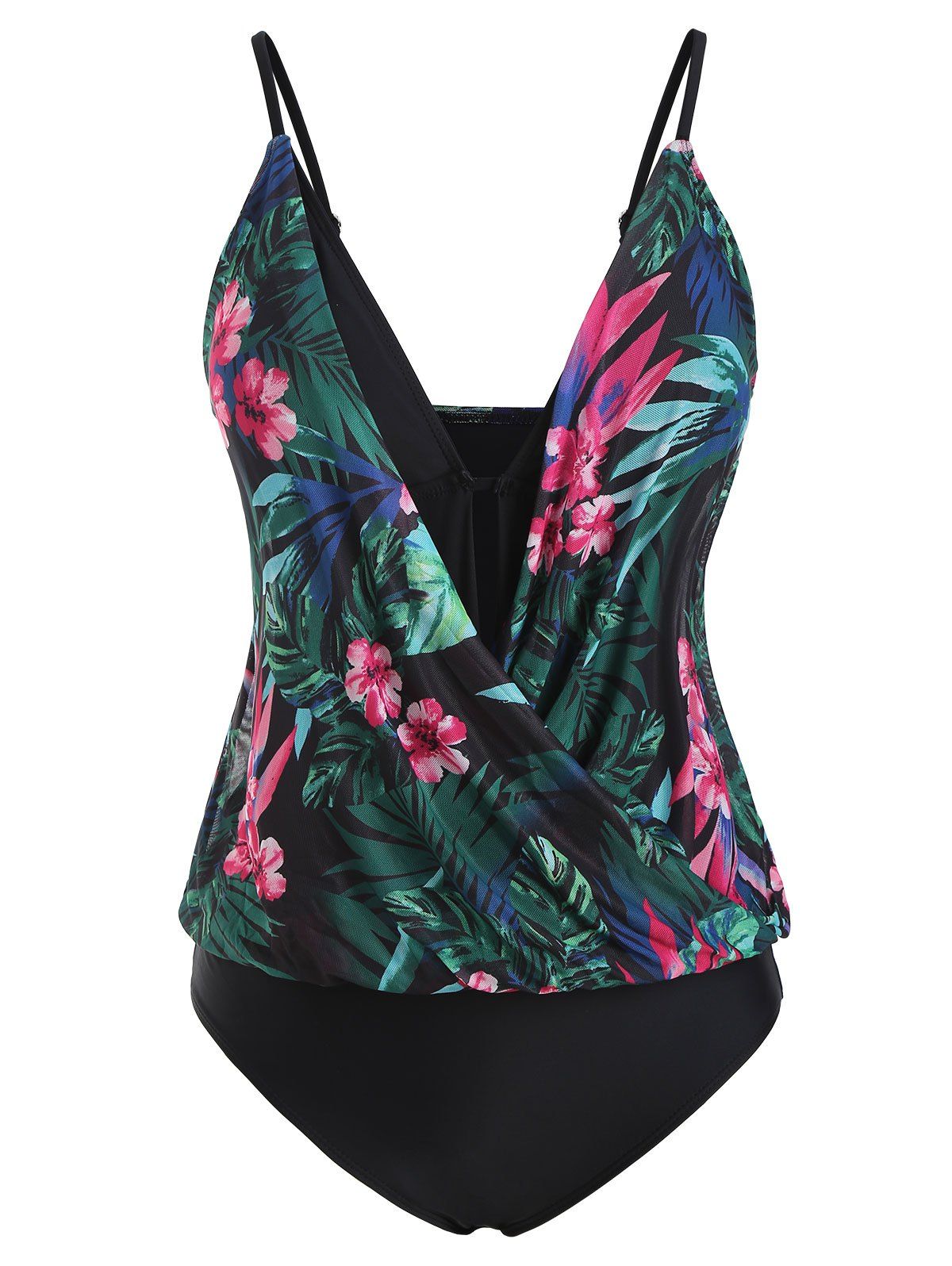 

Tropical Print Mesh Panel Blouson One-piece Swimsuit, Multi