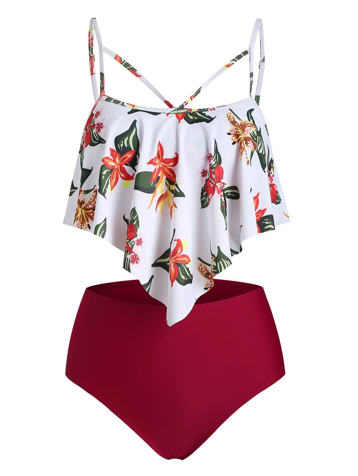 

Floral Print Criss Cross Ruffle Tankini Swimsuit, Deep red