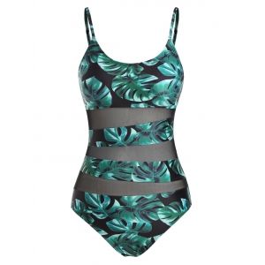 

Mesh Insert Leaf Print Cami One-piece Swimsuit, Green