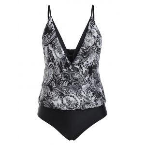

Paisley Printed Surplice Mesh Panel One-piece Swimsuit, Black
