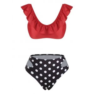 

Polka Dot Flounces Cut Out Bikini Swimwear, Red
