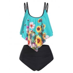 

Double Strap Sunflower Ruched Tankini Swimwear, Multi