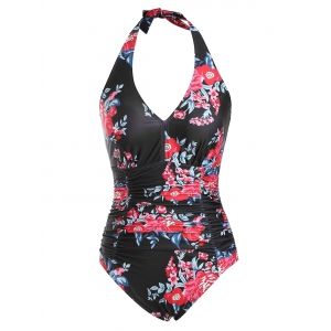 

Backless Flower Halter Ruched Tummy Control One-piece Swimsuit, White
